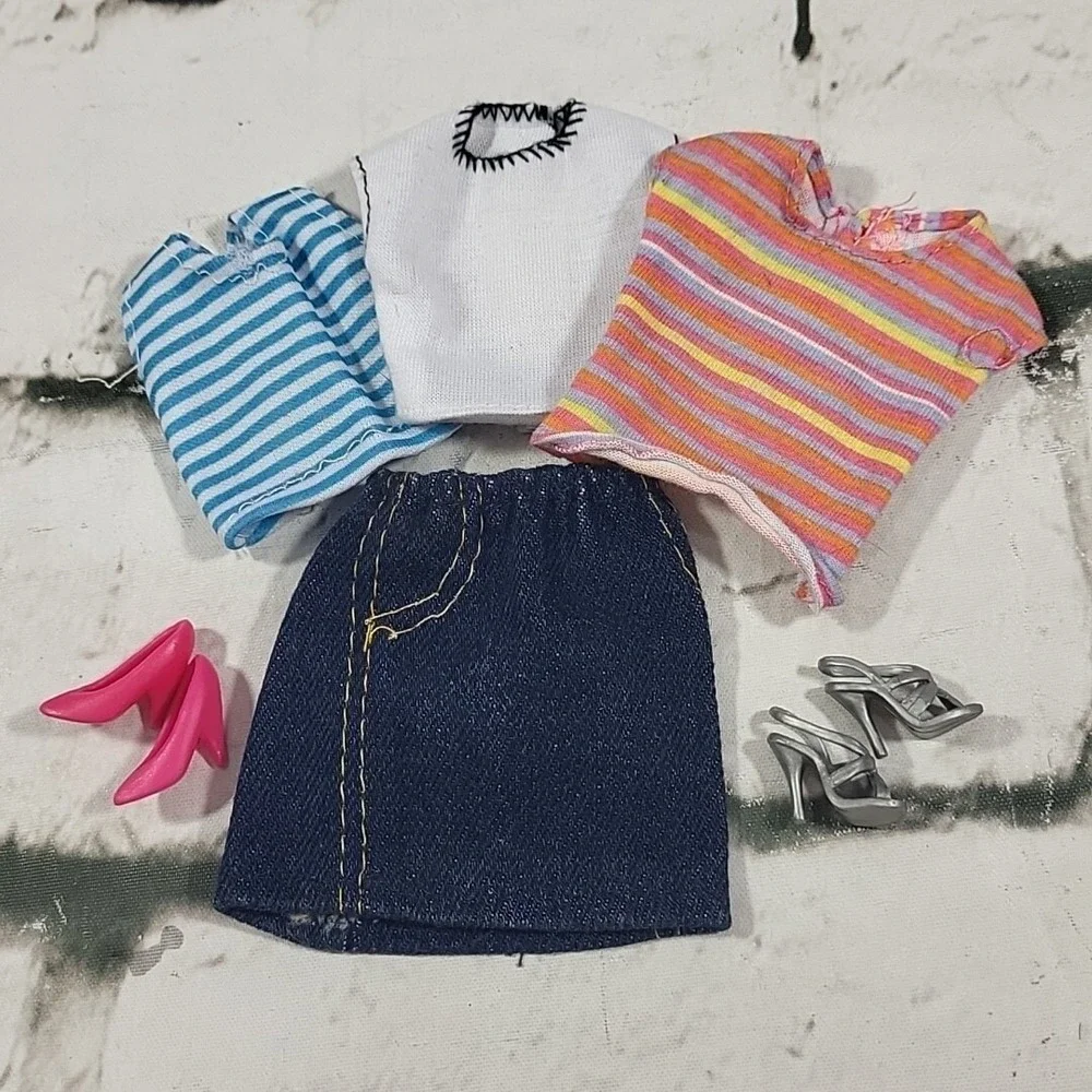 Vintage Handmade Barbie Scale Doll Clothes Lot Tops‎ Jean Skirt Shoes Heels